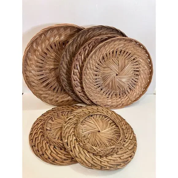 Large Wicker Basket Tray Chargers 18” 16” 14” Set of 6 Round Boho Wall Decor